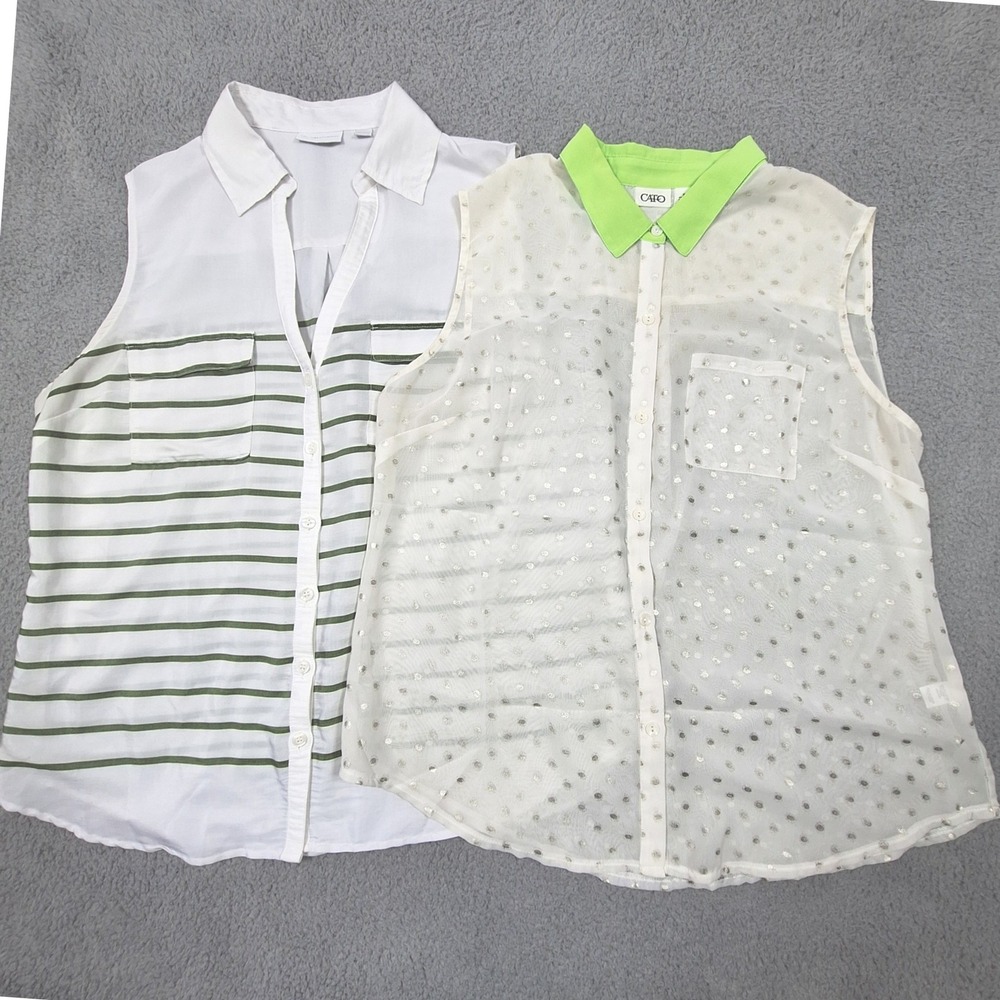 NY & Co Cato Blouse Bundle‎ Womens XL White Green Striped Polka Dot Sleeveless